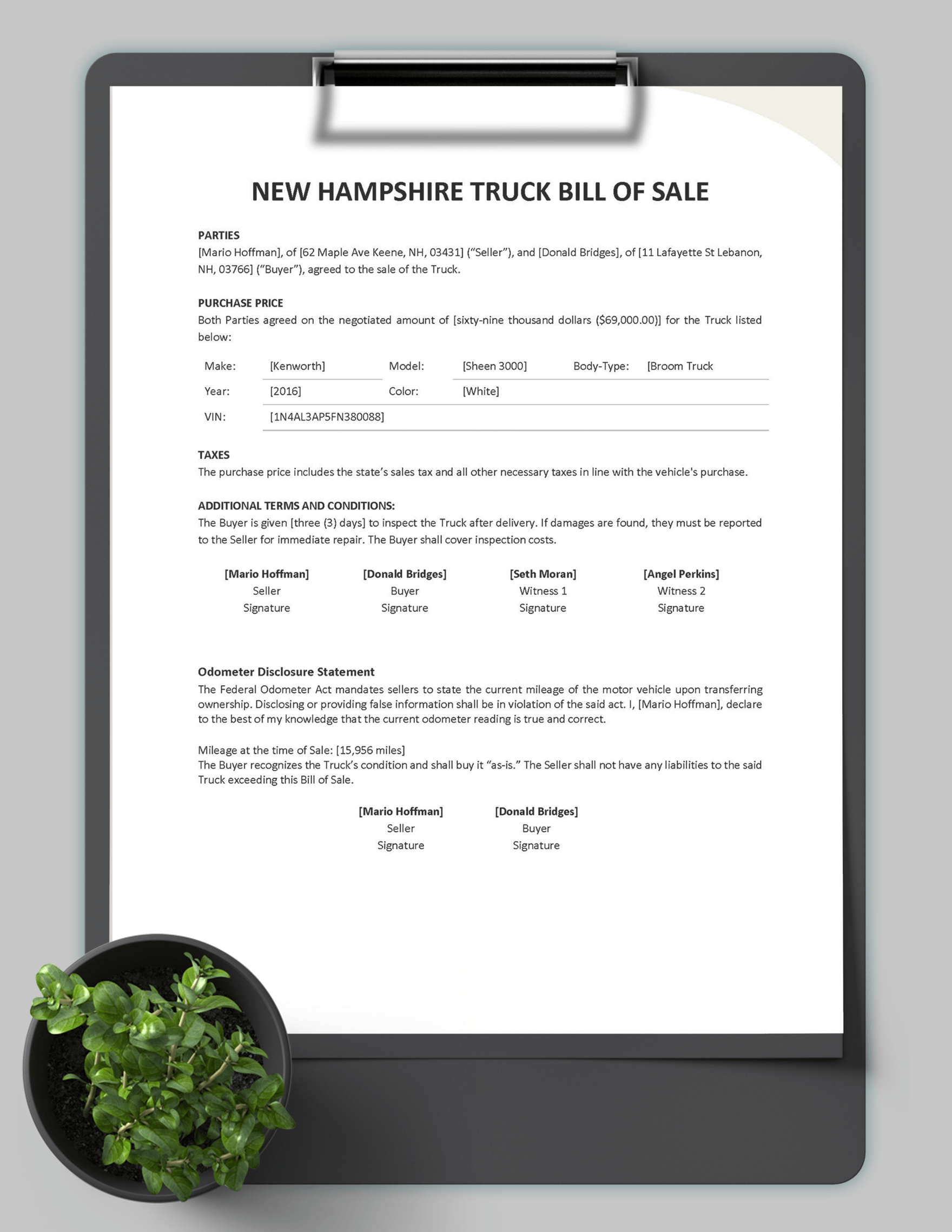 New Hampshire Truck Bill of Sale Template