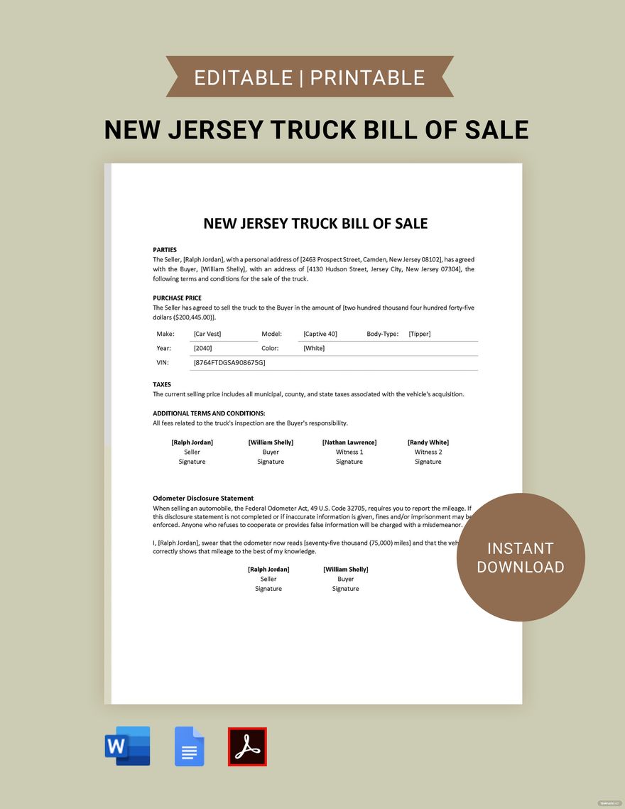 New Jersey Truck Bill of Sale Template