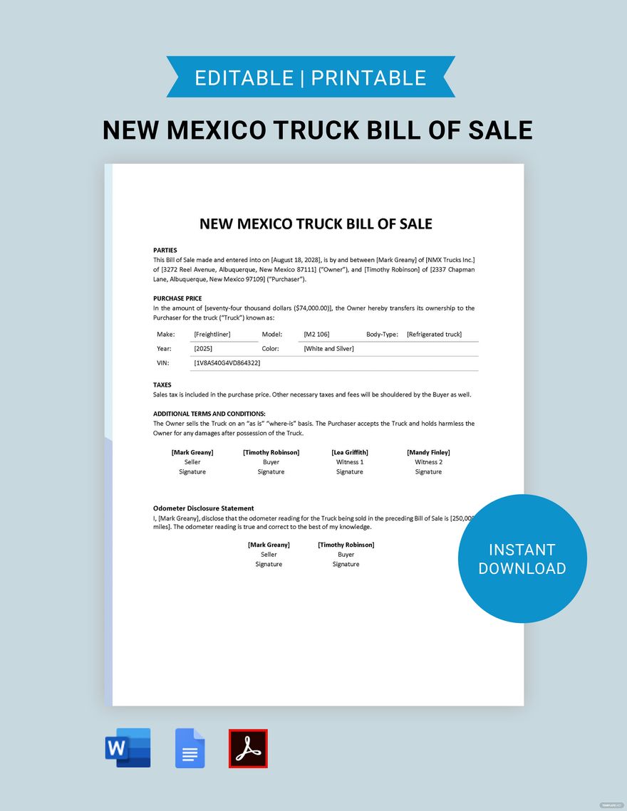 New Mexico Truck Bill of Sale Template in Word, Google Docs, PDF