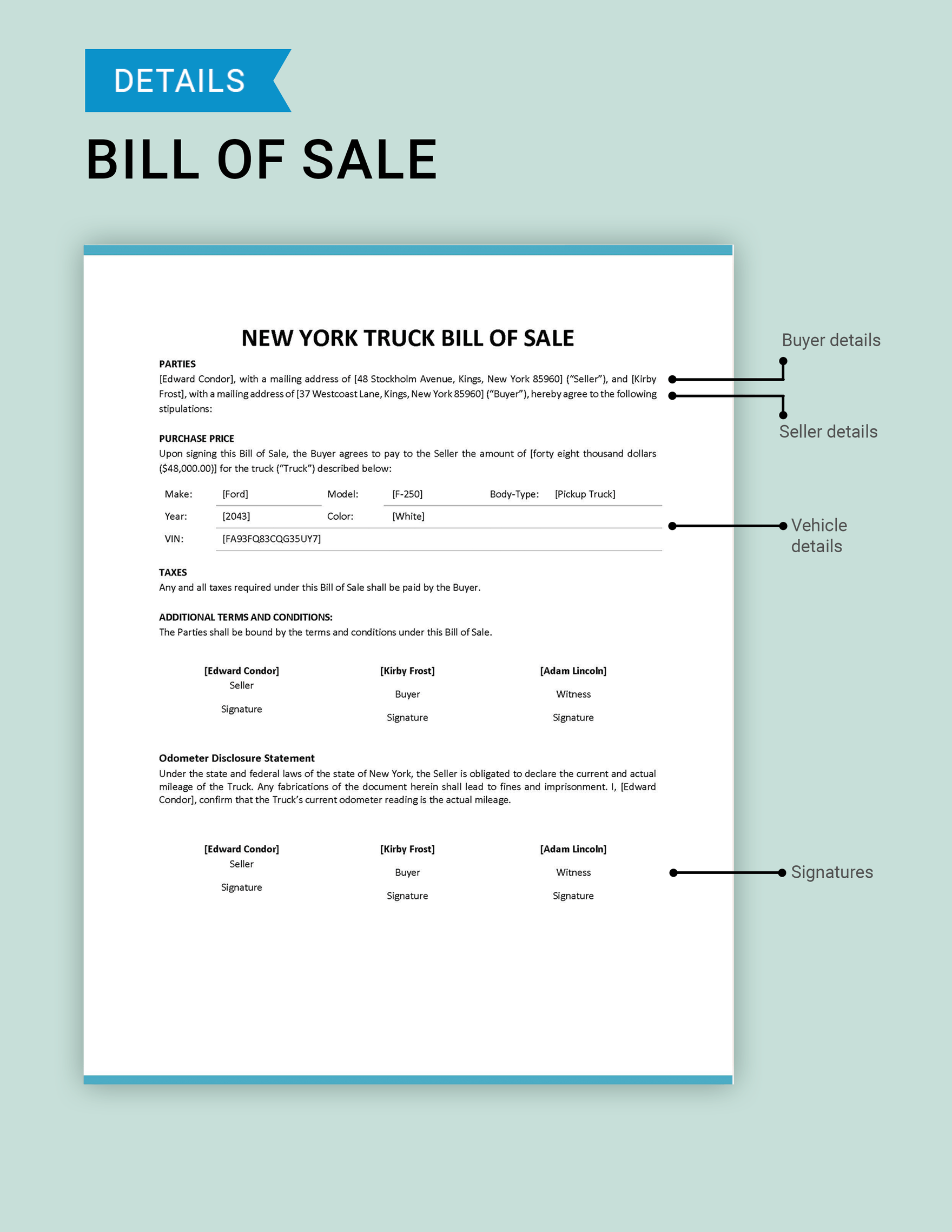 New York Truck Bill of Sale Template