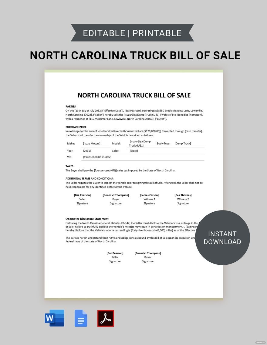 Free North Carolina Truck Bill of Sale Form Template