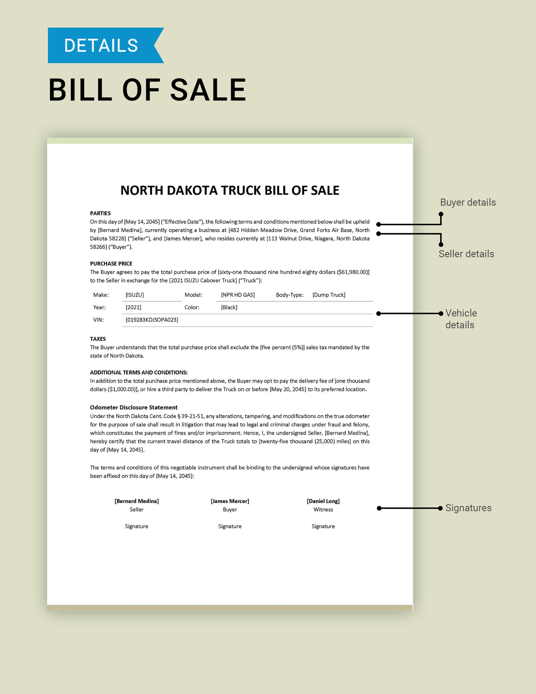 North Dakota Truck Bill of Sale Template