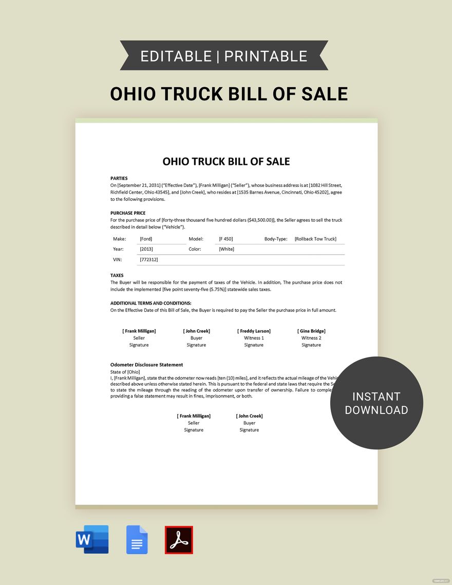 Ohio Truck Bill of Sale Template in Word, Google Docs, PDF