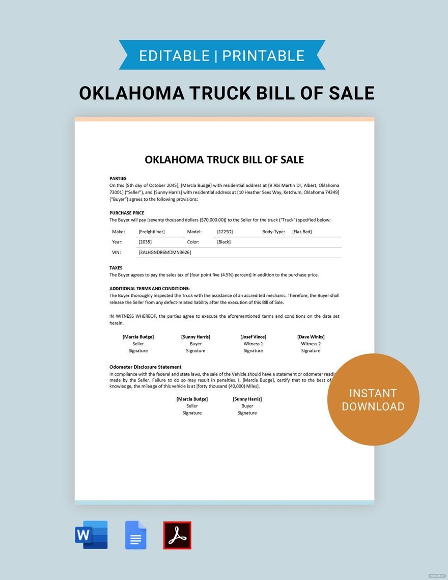 Oklahoma Truck Bill of Sale Template