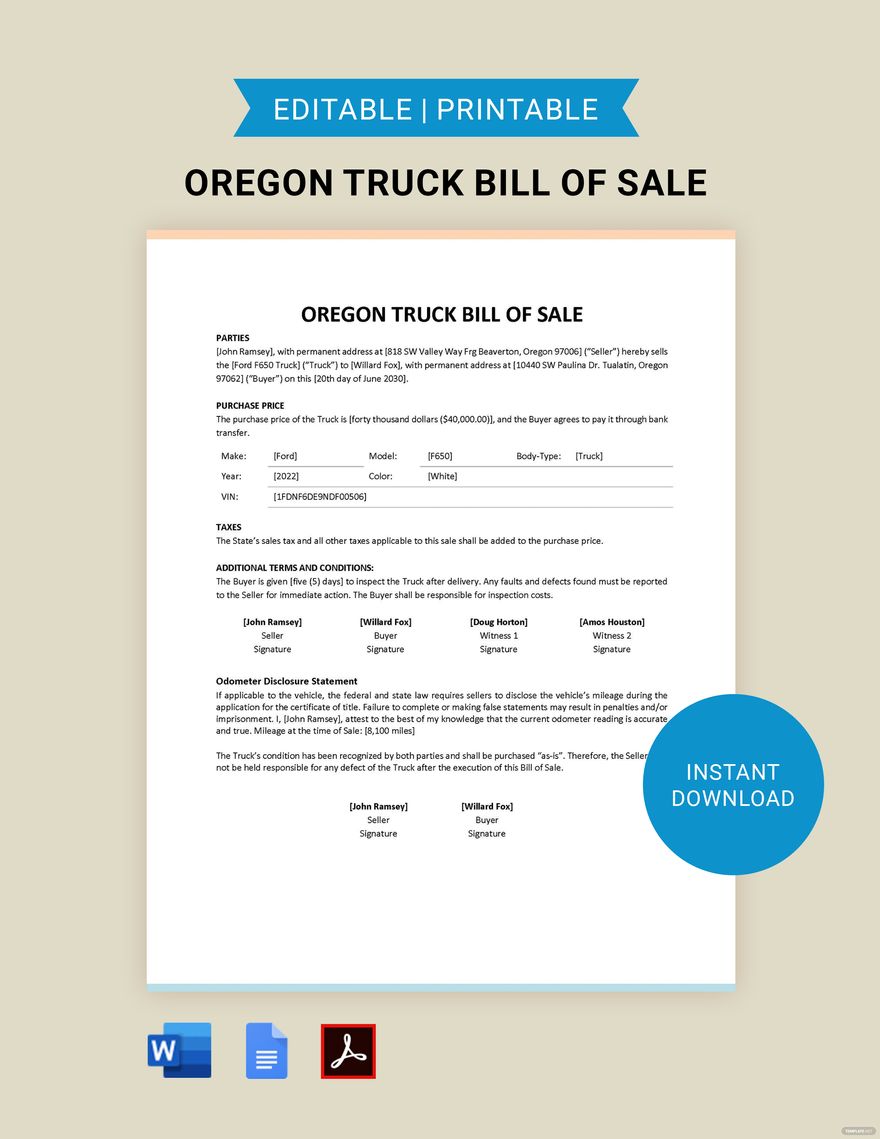 Oregon Truck Bill of Sale Template in Word, Google Docs, PDF, Apple Pages