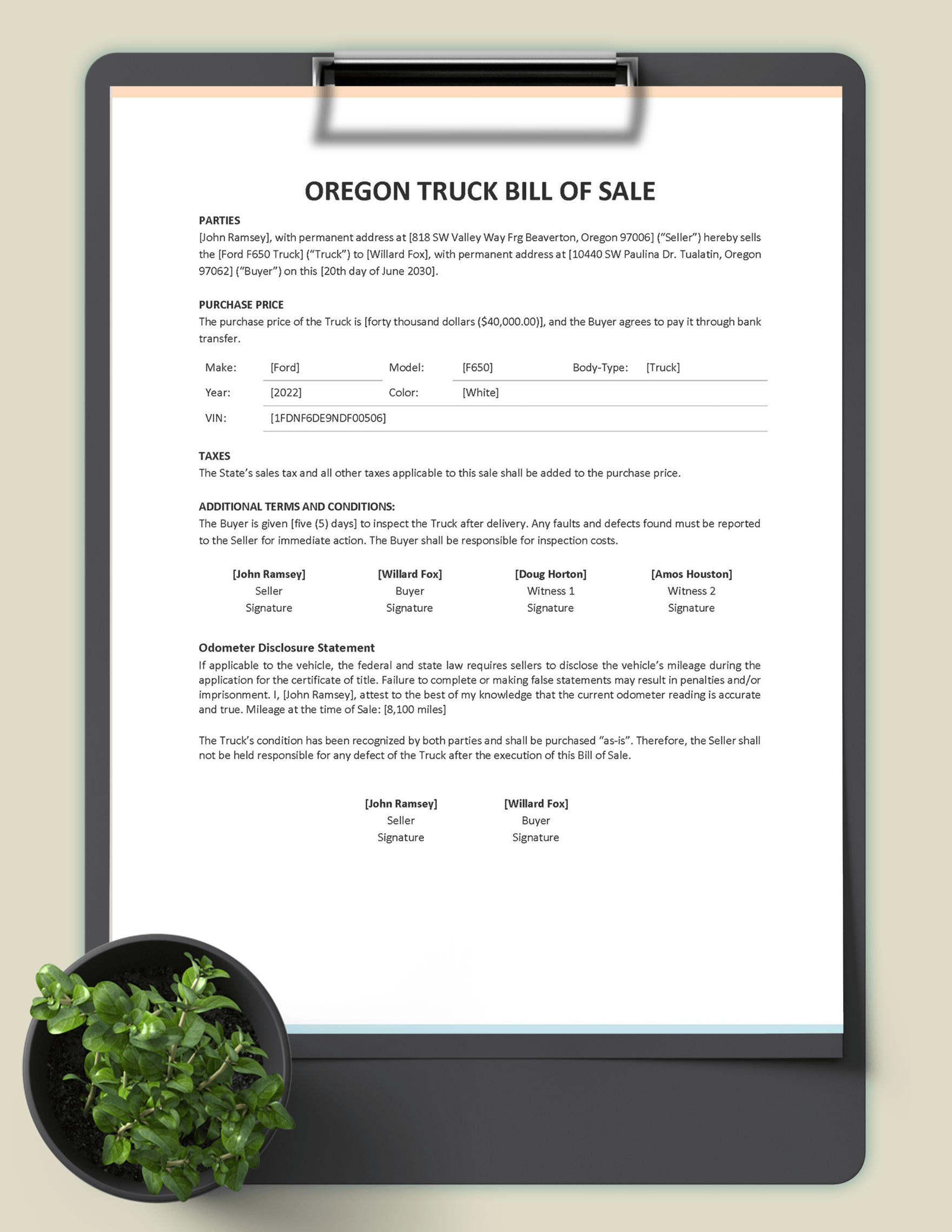 Oregon Truck Bill of Sale Template