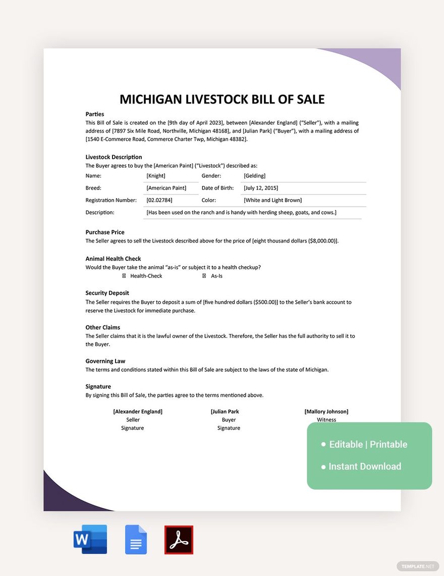 Michigan Livestock Bill Of Sale Template in Word, Google Docs, PDF, Apple Pages