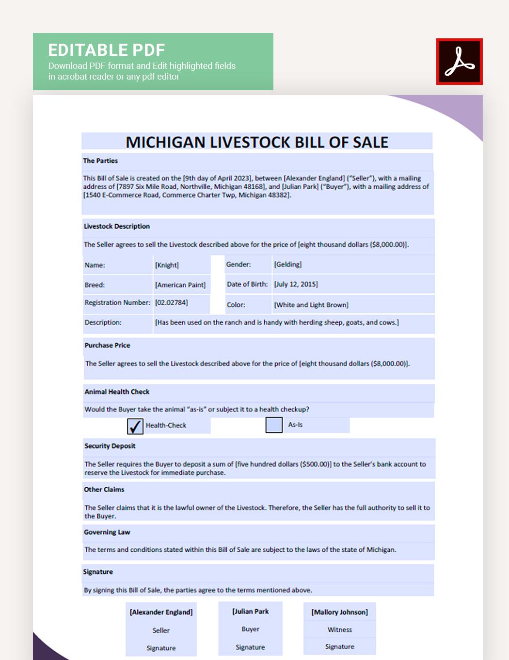 Michigan Livestock Bill Of Sale Template