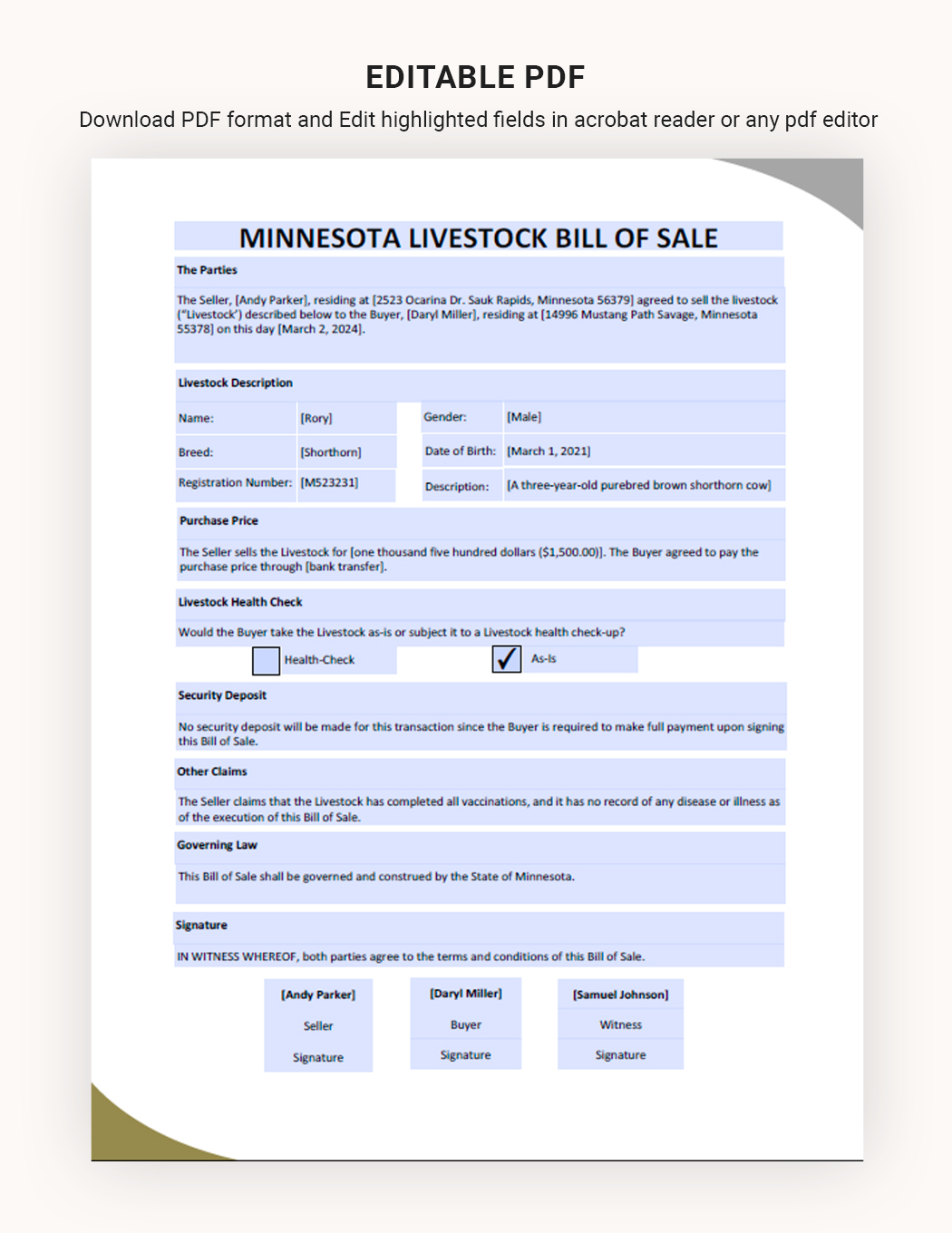 Minnesota Livestock Bill Of Sale Template