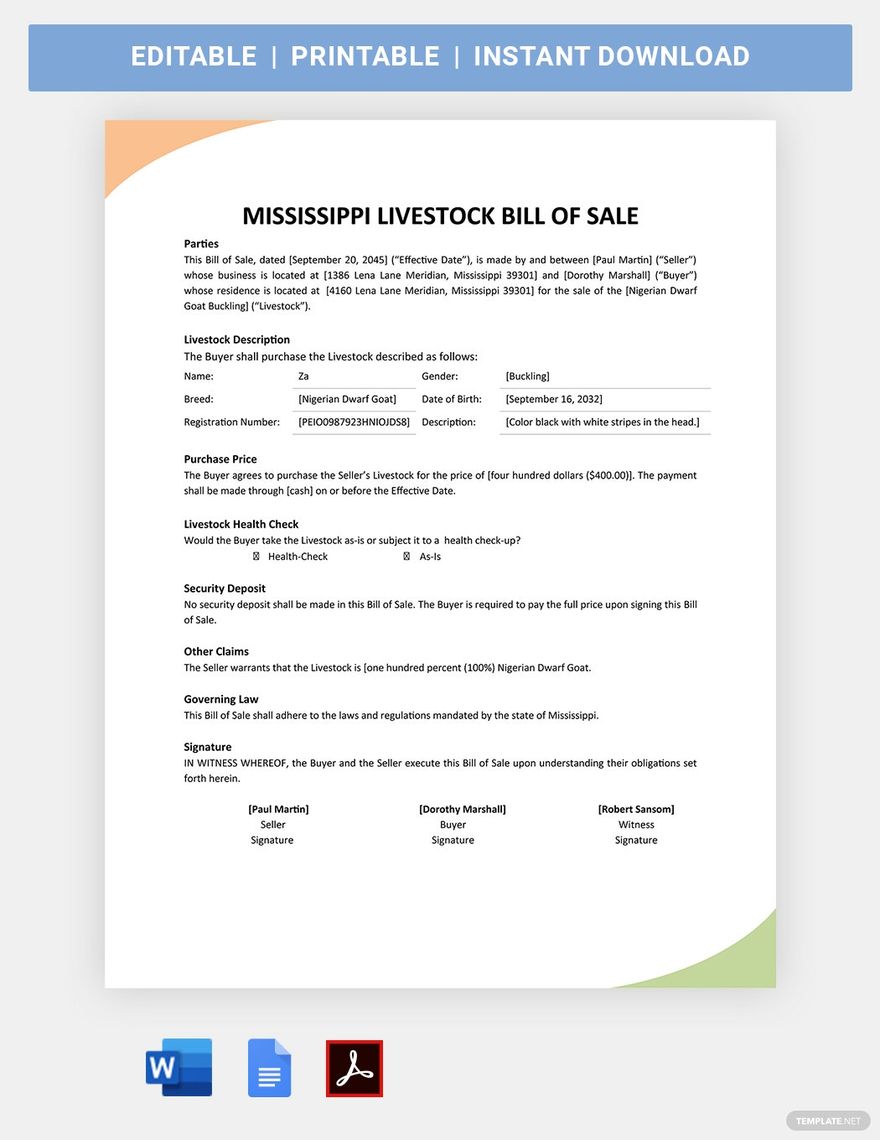 Mississippi Livestock Bill Of Sale Template