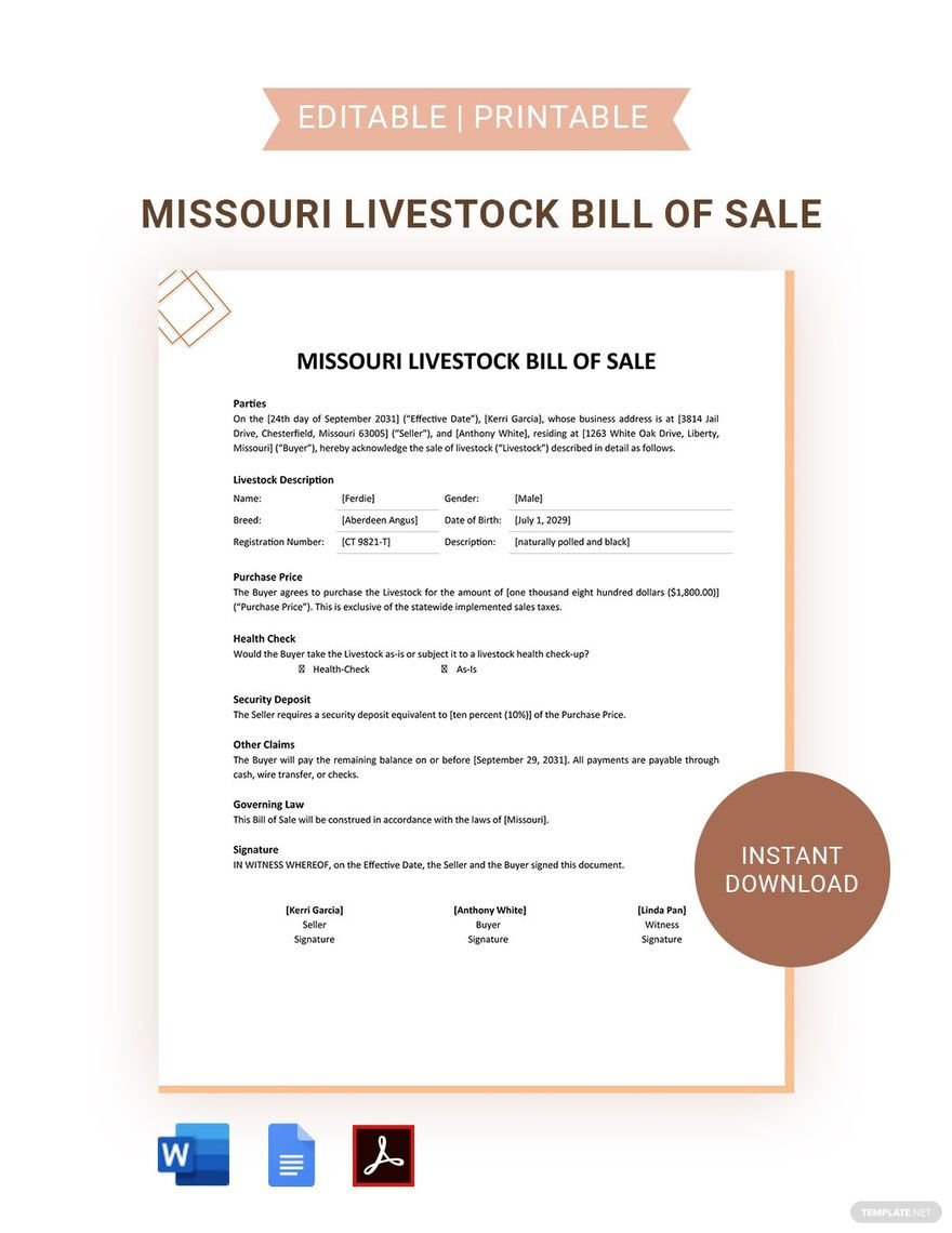 Missouri Livestock Bill Of Sale Template
