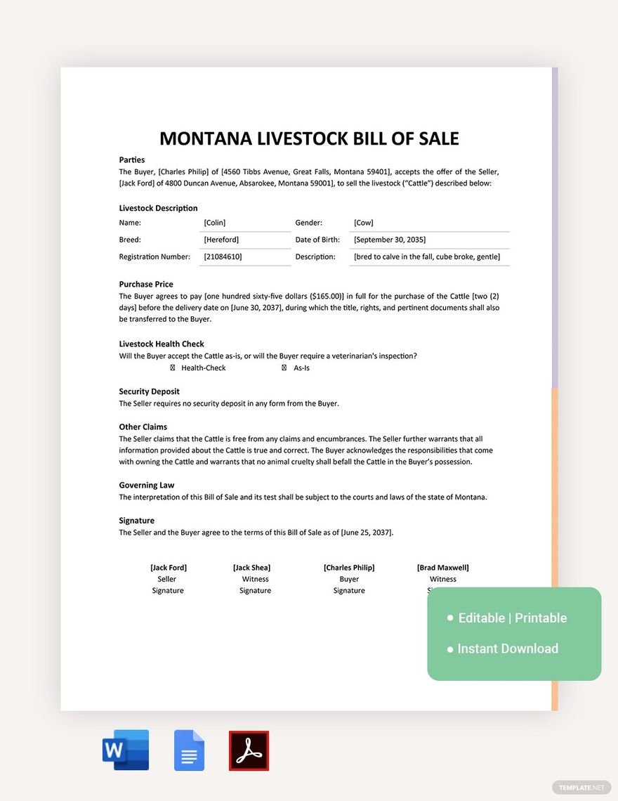 Montana Livestock Bill Of Sale Template