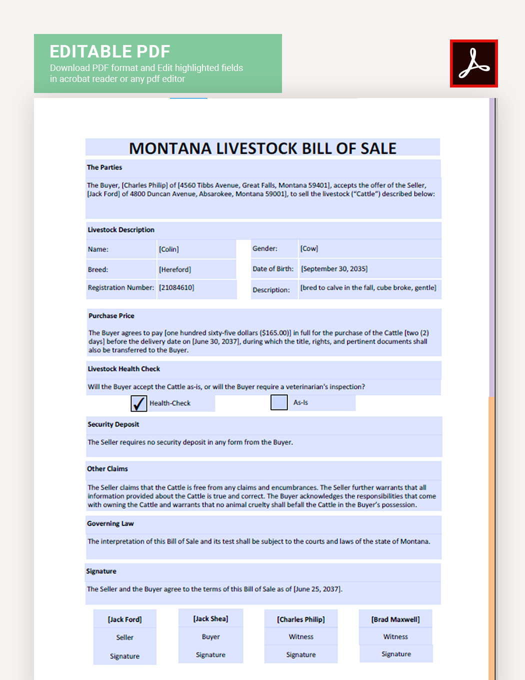Montana Livestock Bill Of Sale Template