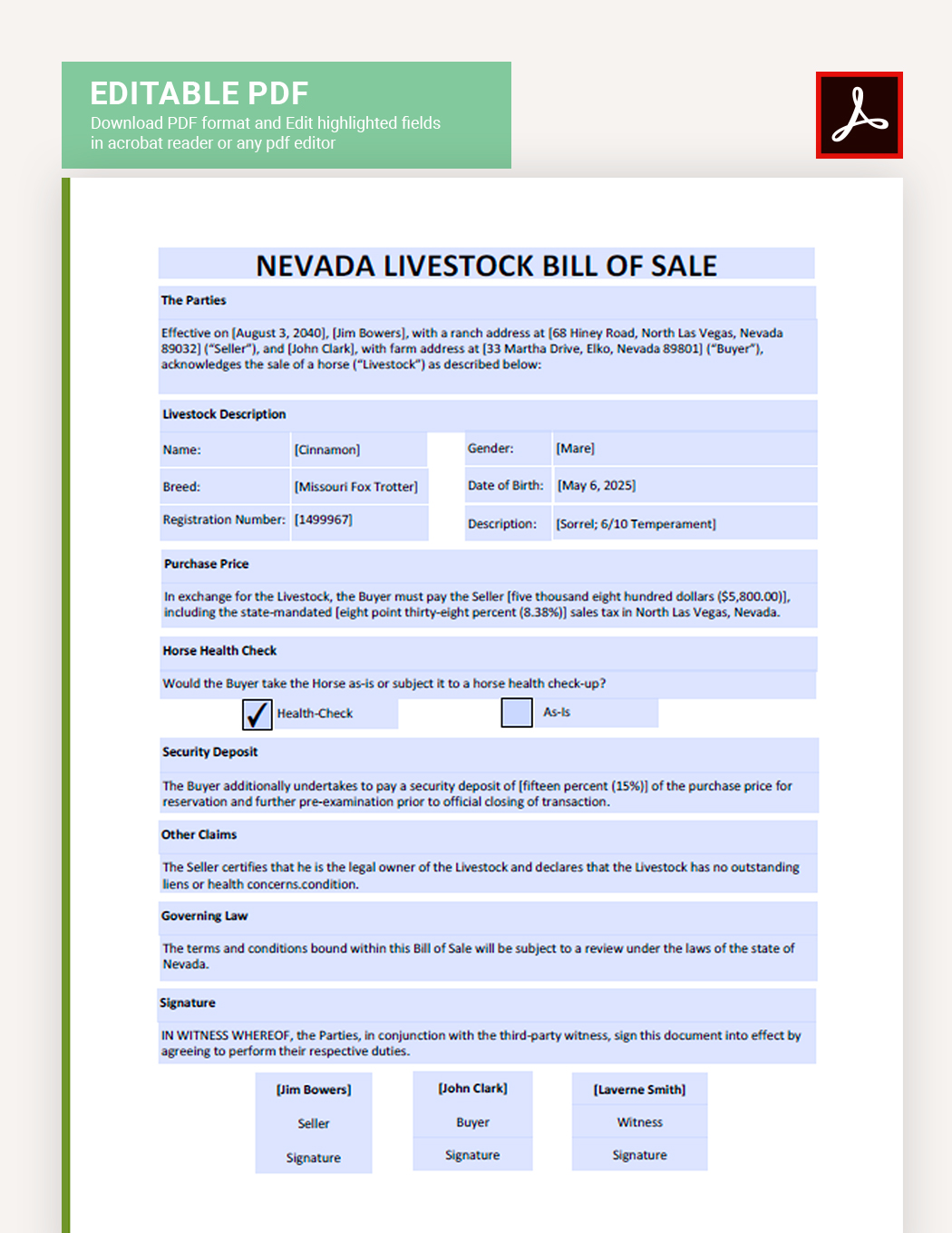 Nevada Livestock Bill Of Sale Template