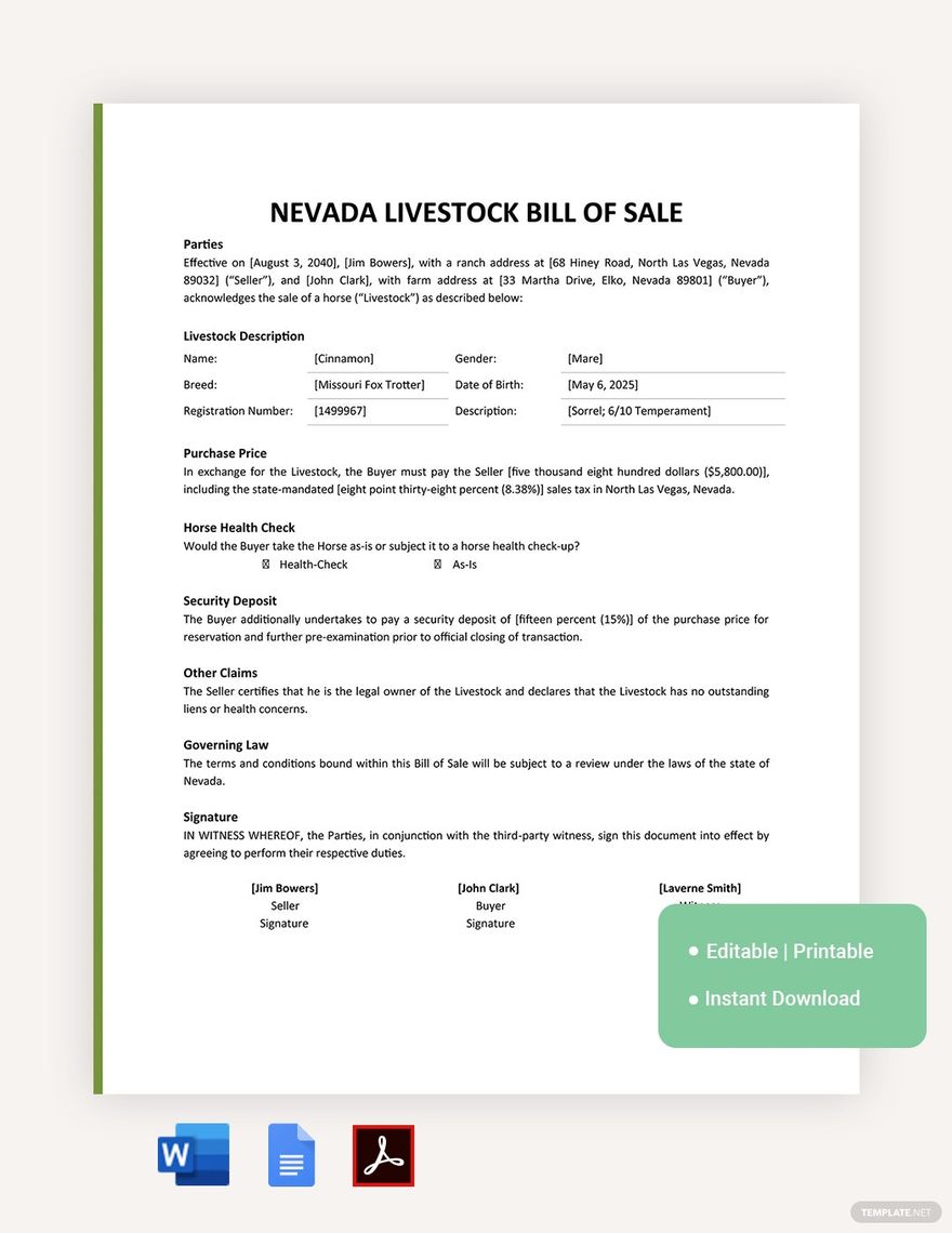 Nevada Livestock Bill Of Sale Template in Word, Google Docs, PDF, Apple Pages