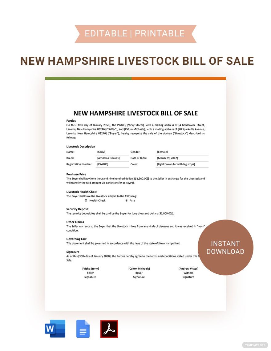 New Hampshire Livestock Bill Of Sale Template in Word, Google Docs, PDF, Apple Pages