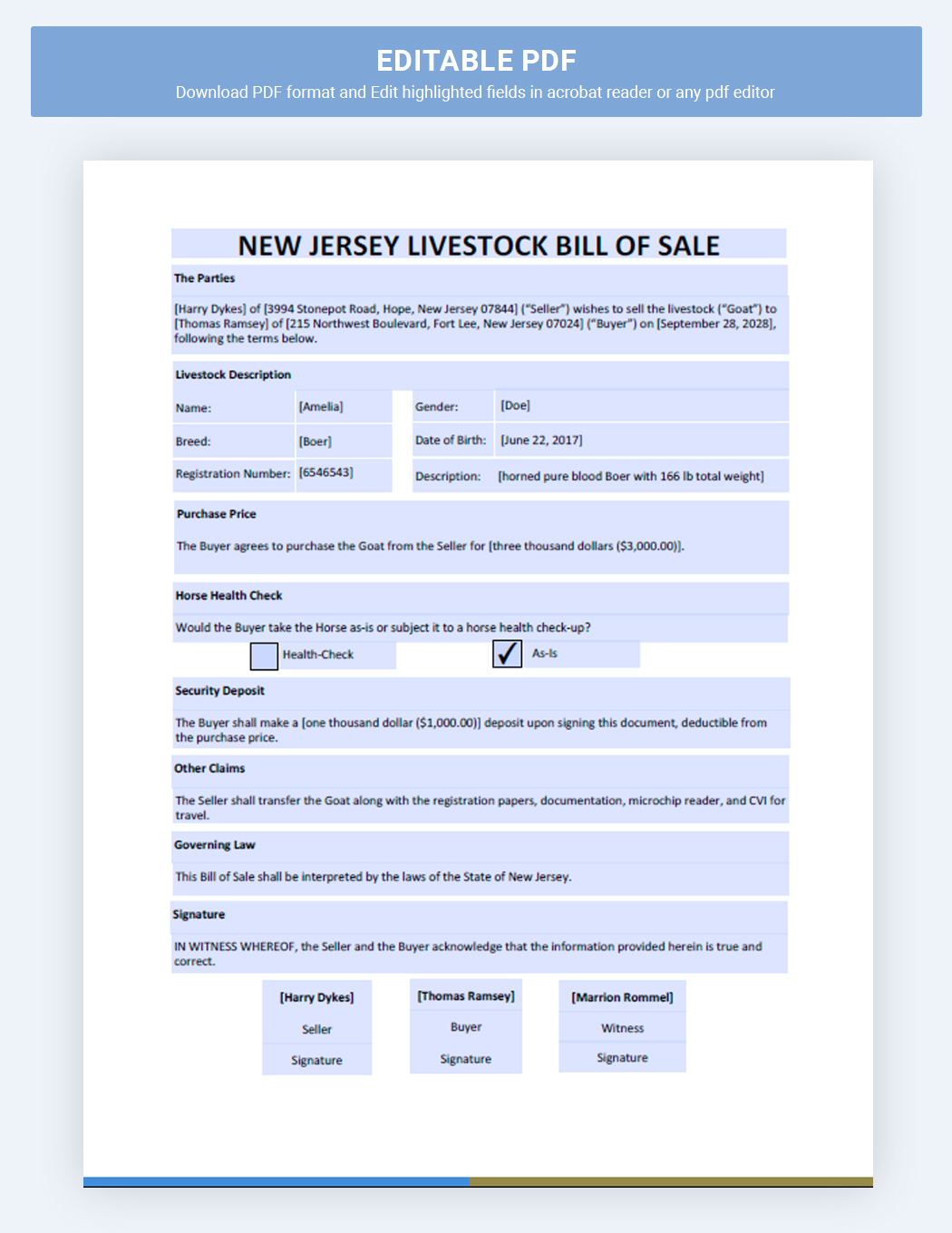 New Jersey Livestock Bill Of Sale Template