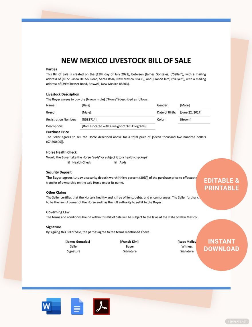 New Mexico Livestock Bill Of Sale Template