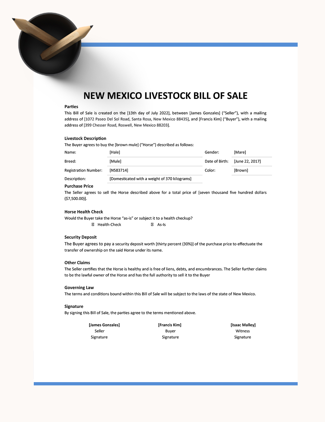 New Mexico Livestock Bill Of Sale Template