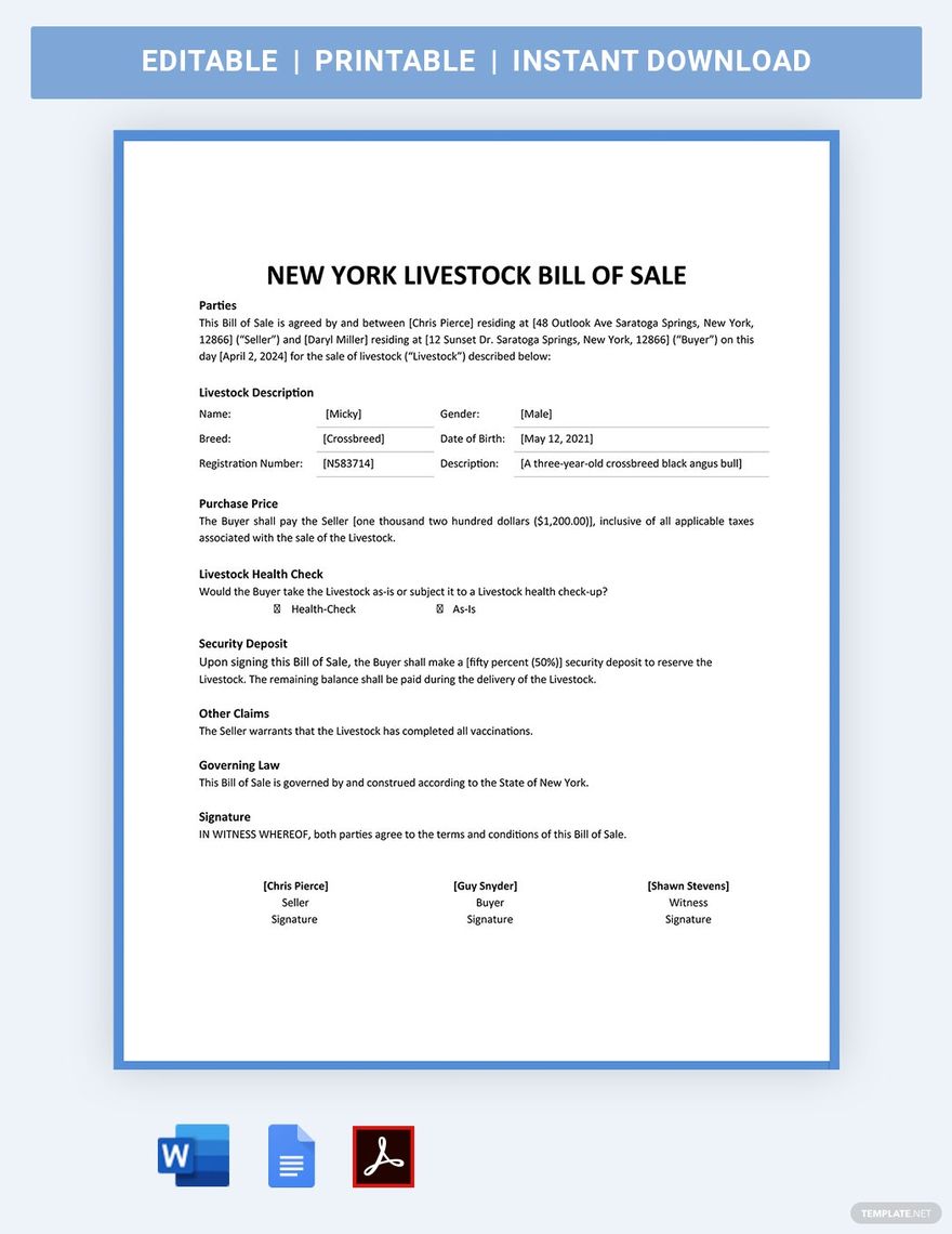 Free New York Livestock Bill Of Sale Form Template in Word, Google Docs, PDF, Apple Pages