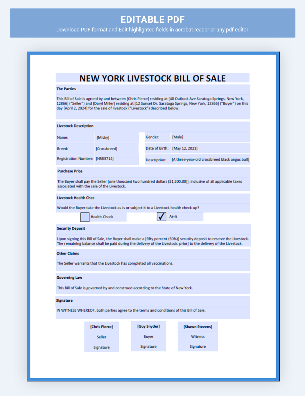 New York Livestock Bill Of Sale Form Template