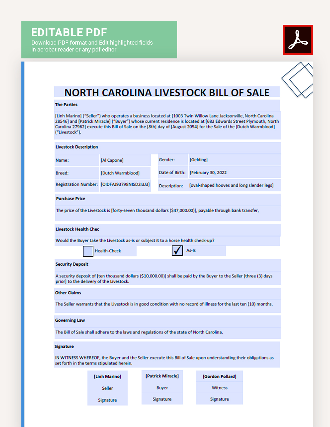 North Carolina Livestock Bill Of Sale Template