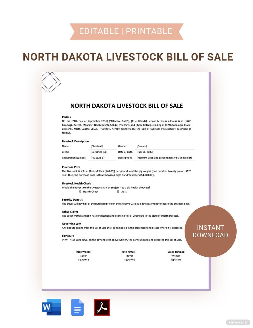 North Dakota Livestock Bill Of Sale Template in Word, Google Docs, PDF, Apple Pages