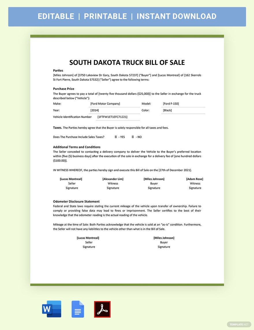 South Dakota Truck Bill Of Sale Template in Word, Google Docs, PDF, Apple Pages