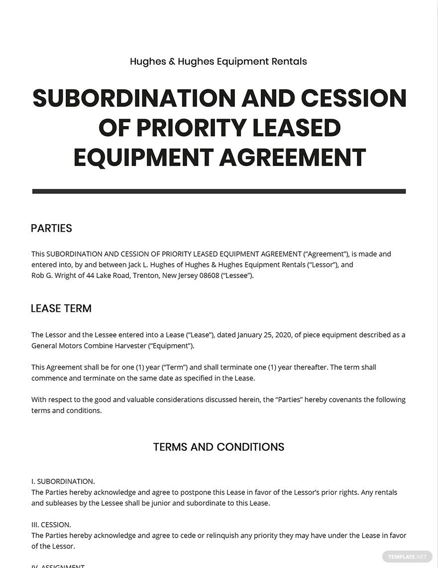 Subordination and Cession of Priority Leased Equipment Template