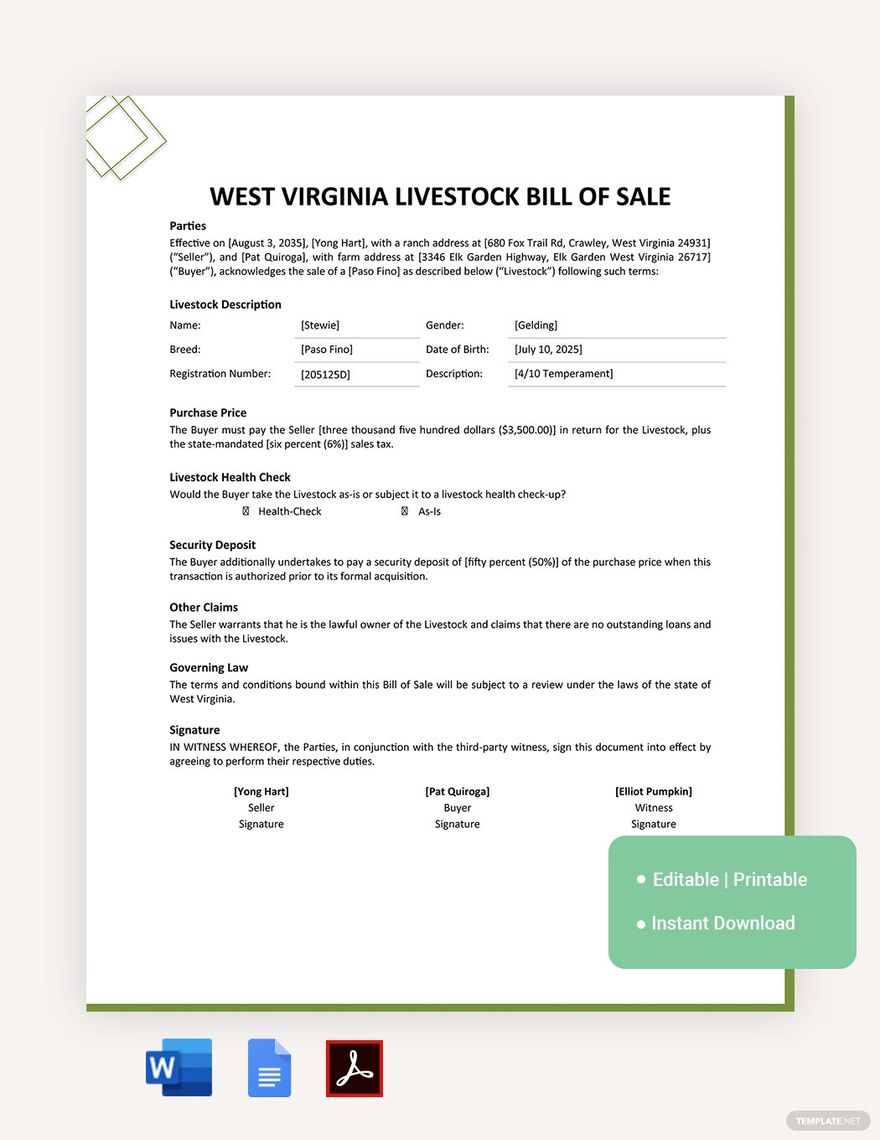 West Virginia Livestock Bill of Sale Template