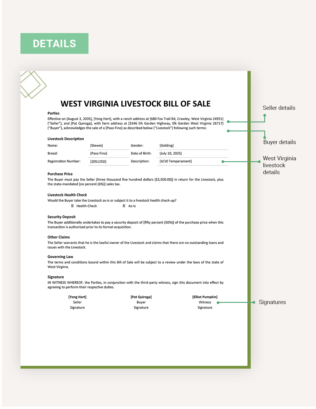 West Virginia Livestock Bill of Sale Template
