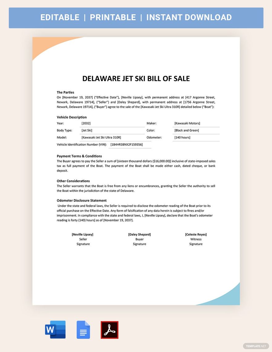 Free Delaware Jet Ski Bill of Sale Form Template in Word, Google Docs, PDF, Apple Pages, Adobe XD