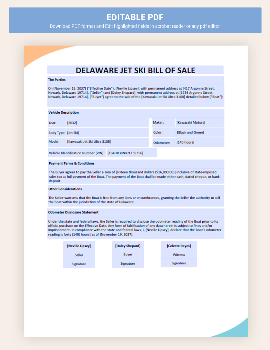 Delaware Jet Ski Bill of Sale Form Template