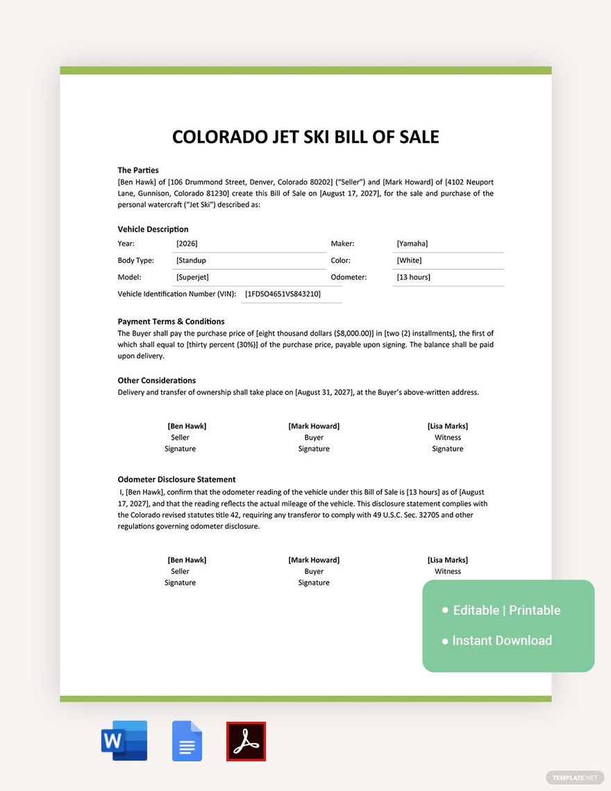 Colorado Jet Ski Bill Of Sale Template