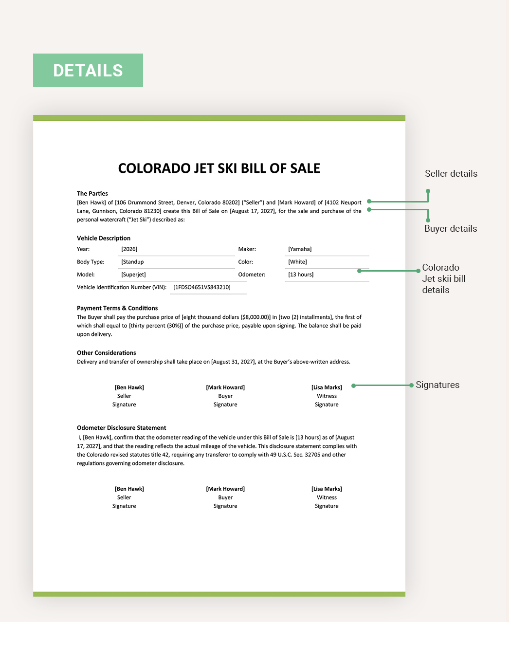 Colorado Jet Ski Bill Of Sale Template