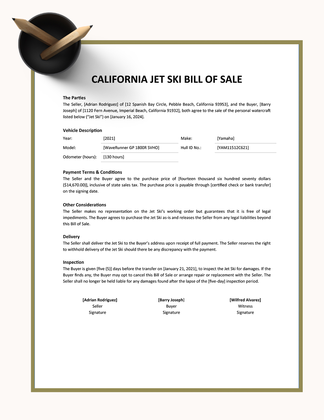 California Jet Ski Bill Of Sale Template