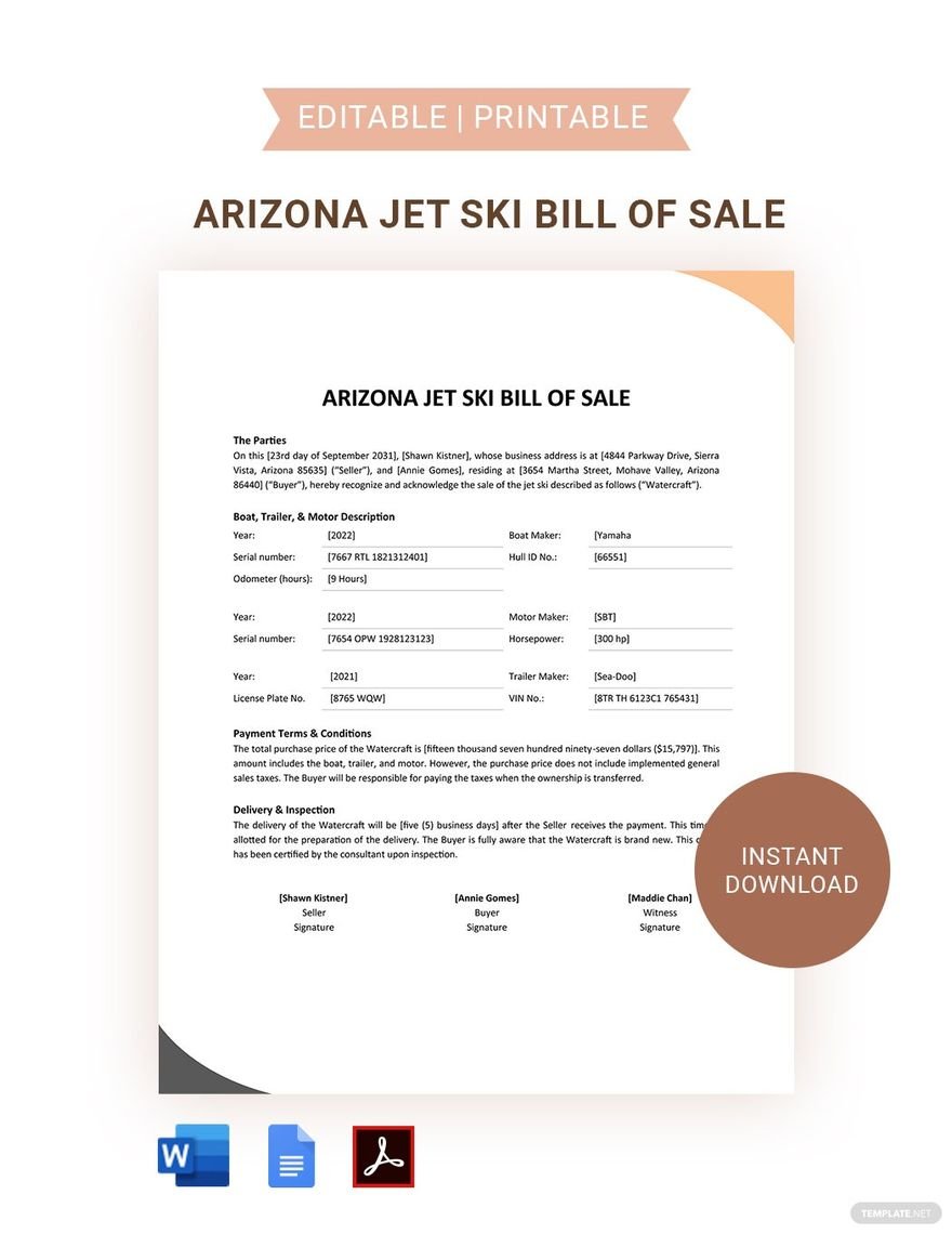 Arizona Jet Ski Bill Of Sale Template in Word, Google Docs, PDF