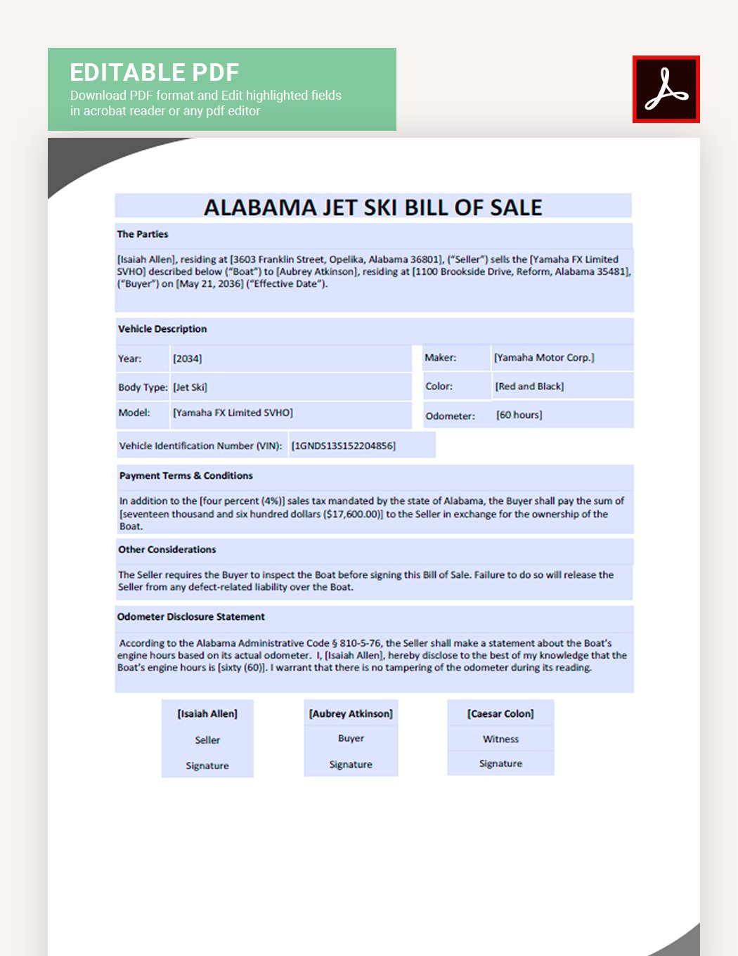 Alabama Jet Ski Bill Of Sale Form Template