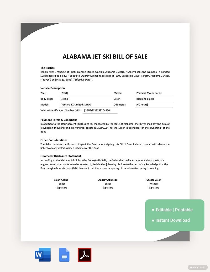 Free Alabama Jet Ski Bill Of Sale Form Template in Word, Google Docs, PDF, Apple Pages