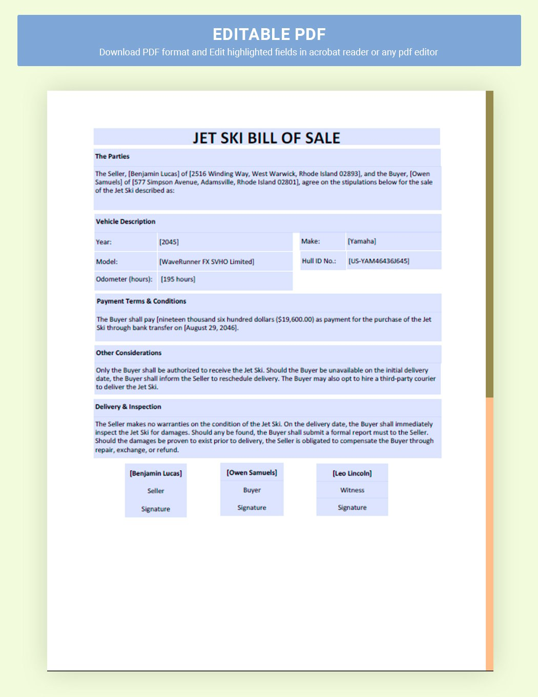 Jet Ski Bill Of Sale Printable