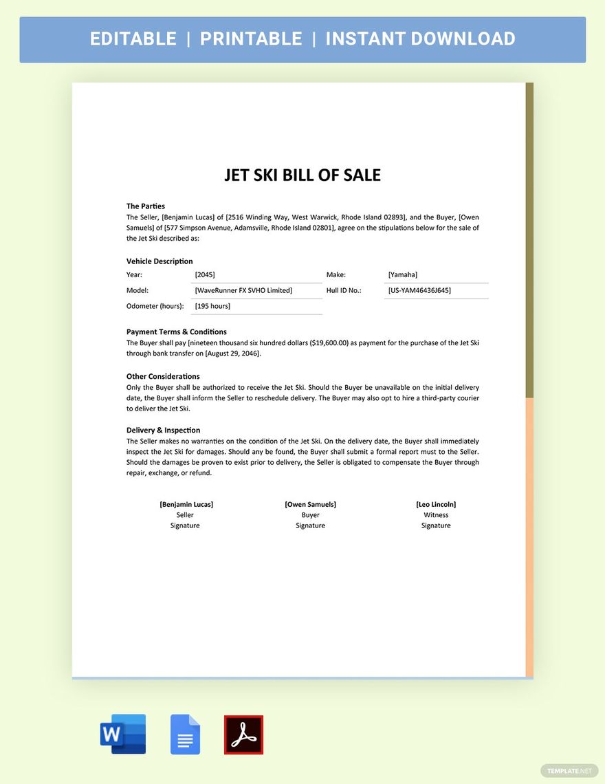 Jet Ski Bill Of Sale Template