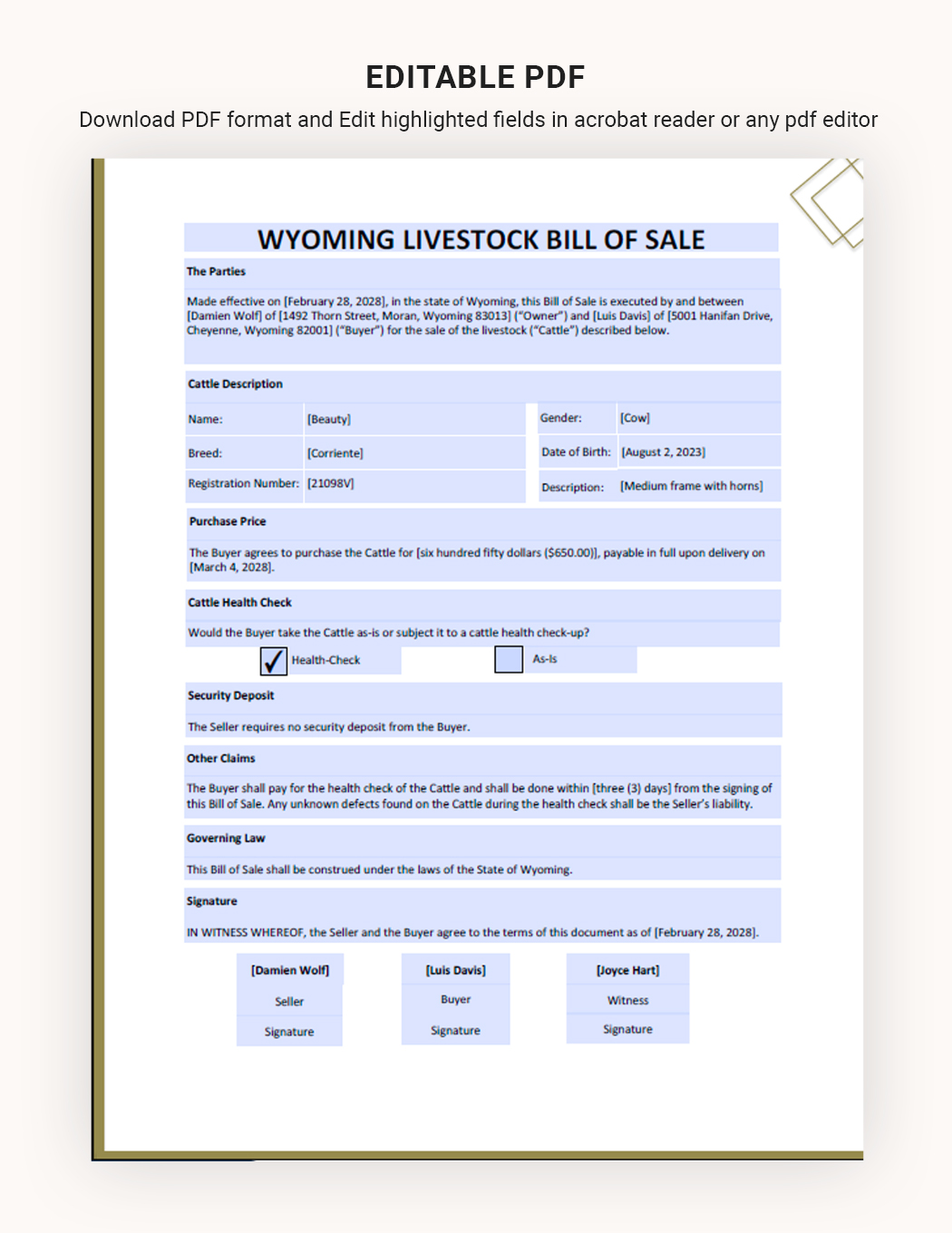 Wyoming Livestock Bill of Sale Template