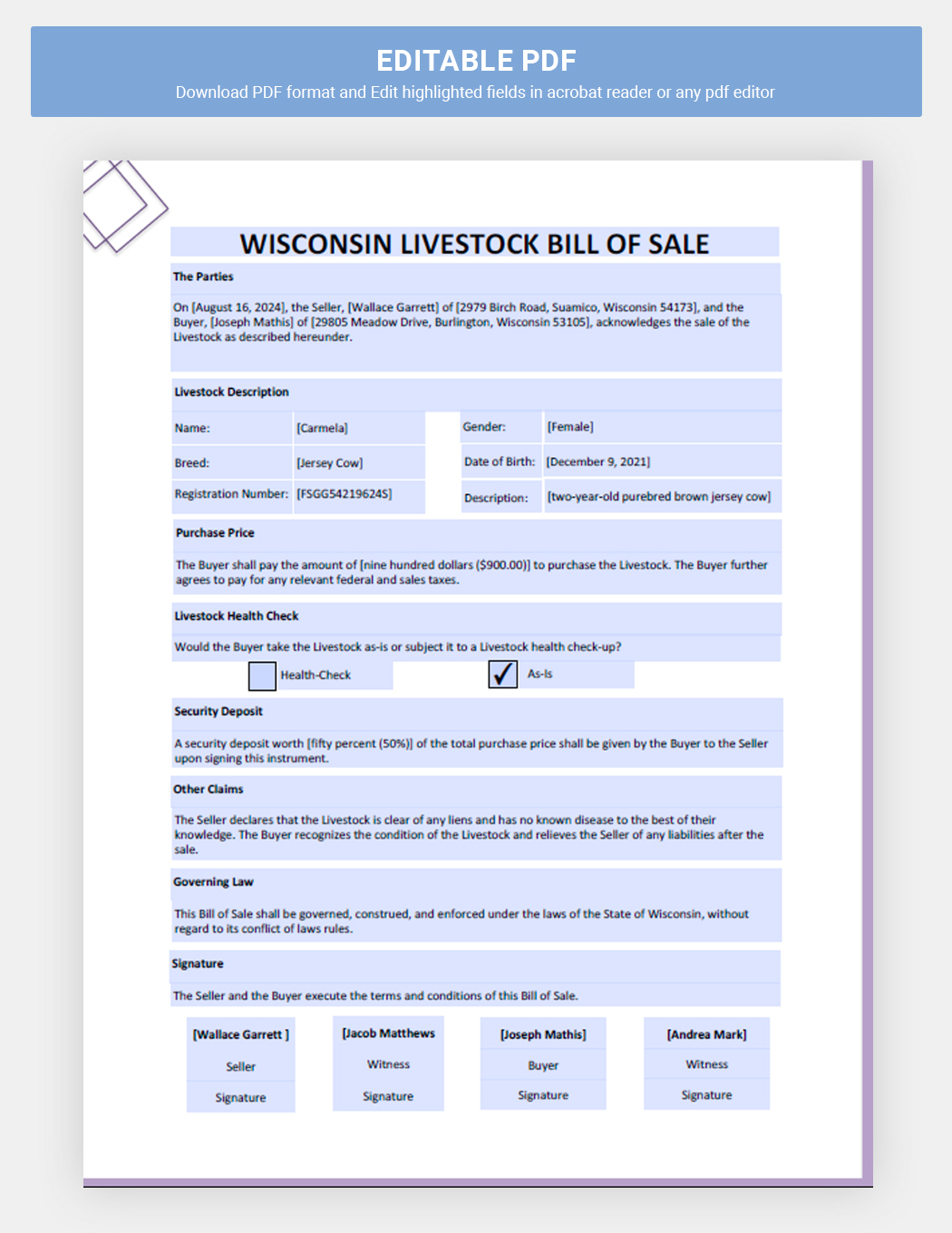 Wisconsin Livestock Bill of Sale Template