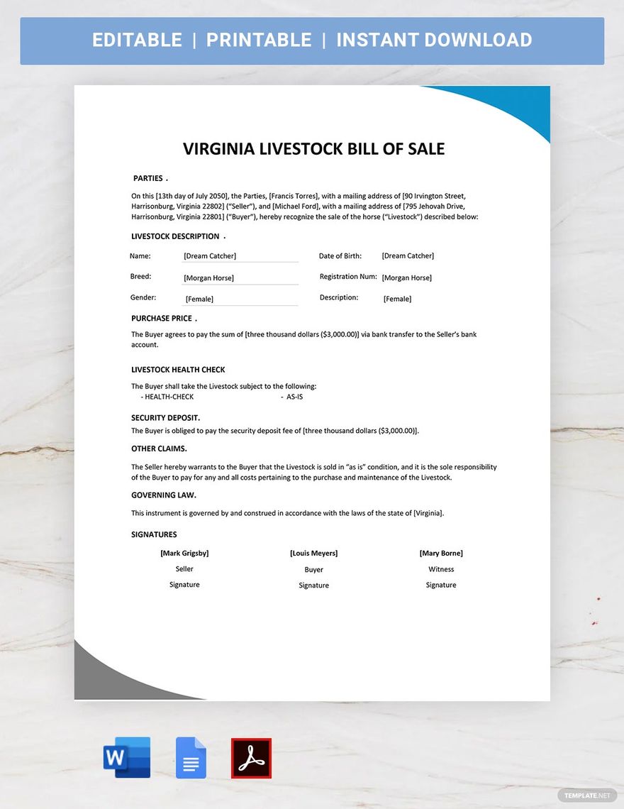 Virginia Livestock Bill of Sale Template in Word, Google Docs, PDF, Apple Pages