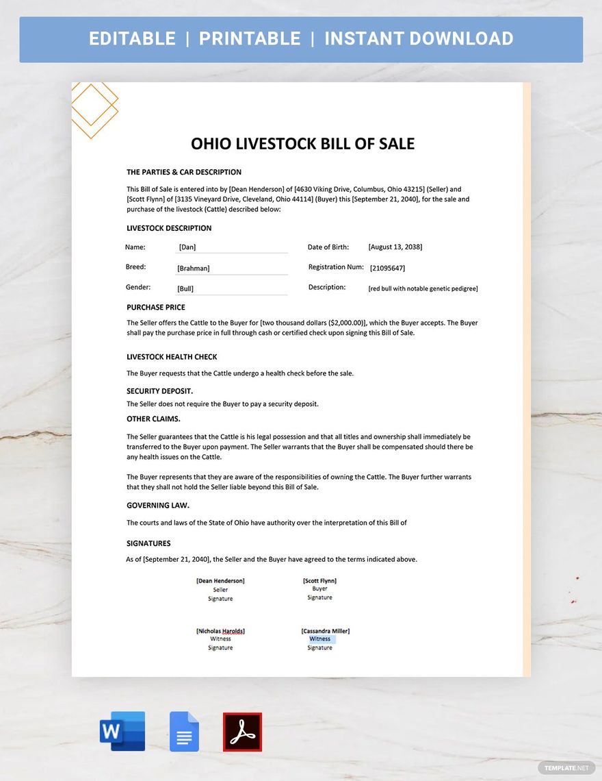 Ohio Livestock Bill of Sale Template in Word, Google Docs, PDF, Apple Pages