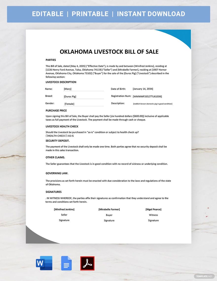 Oklahoma Livestock Bill of Sale Template