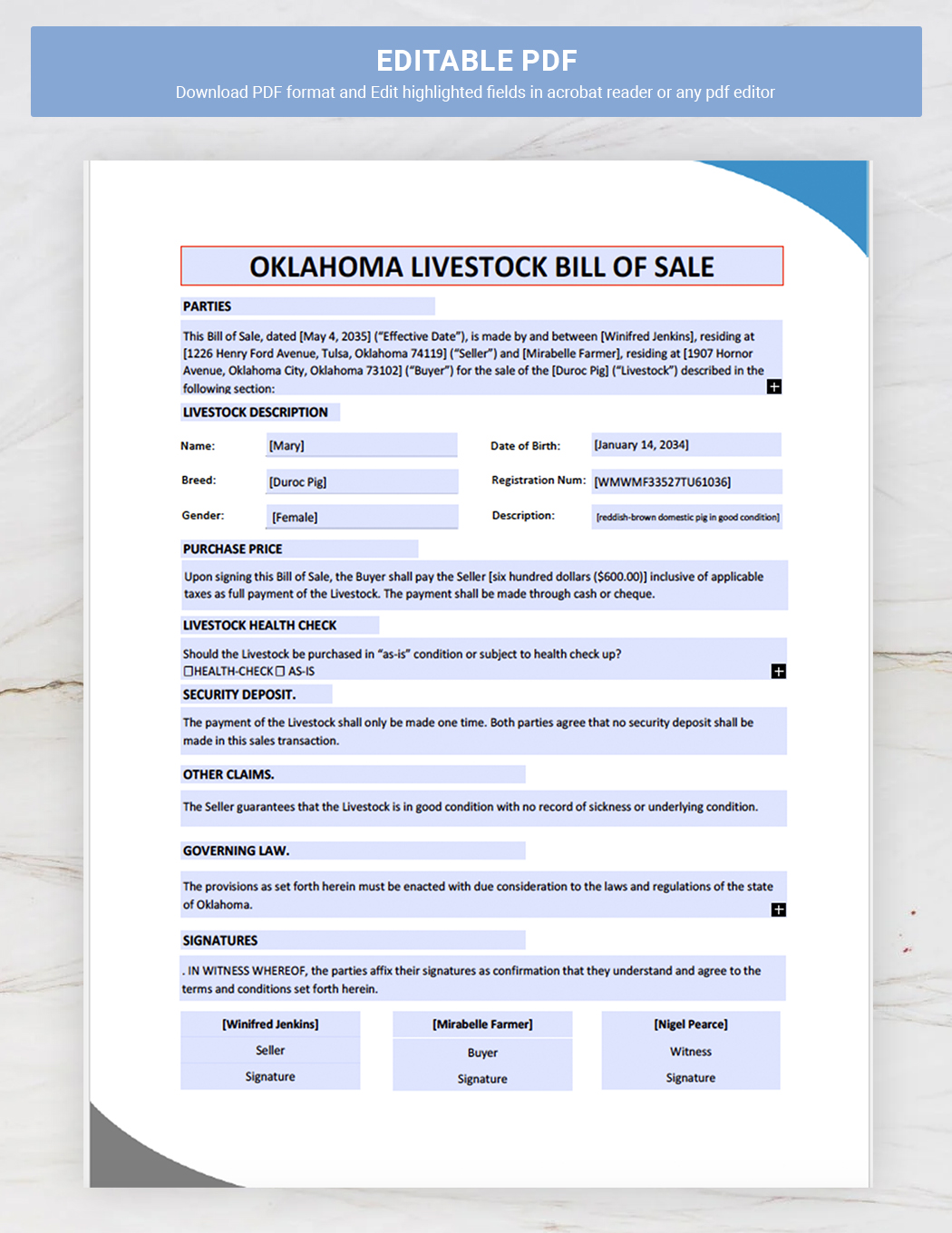 Oklahoma Livestock Bill of Sale Template