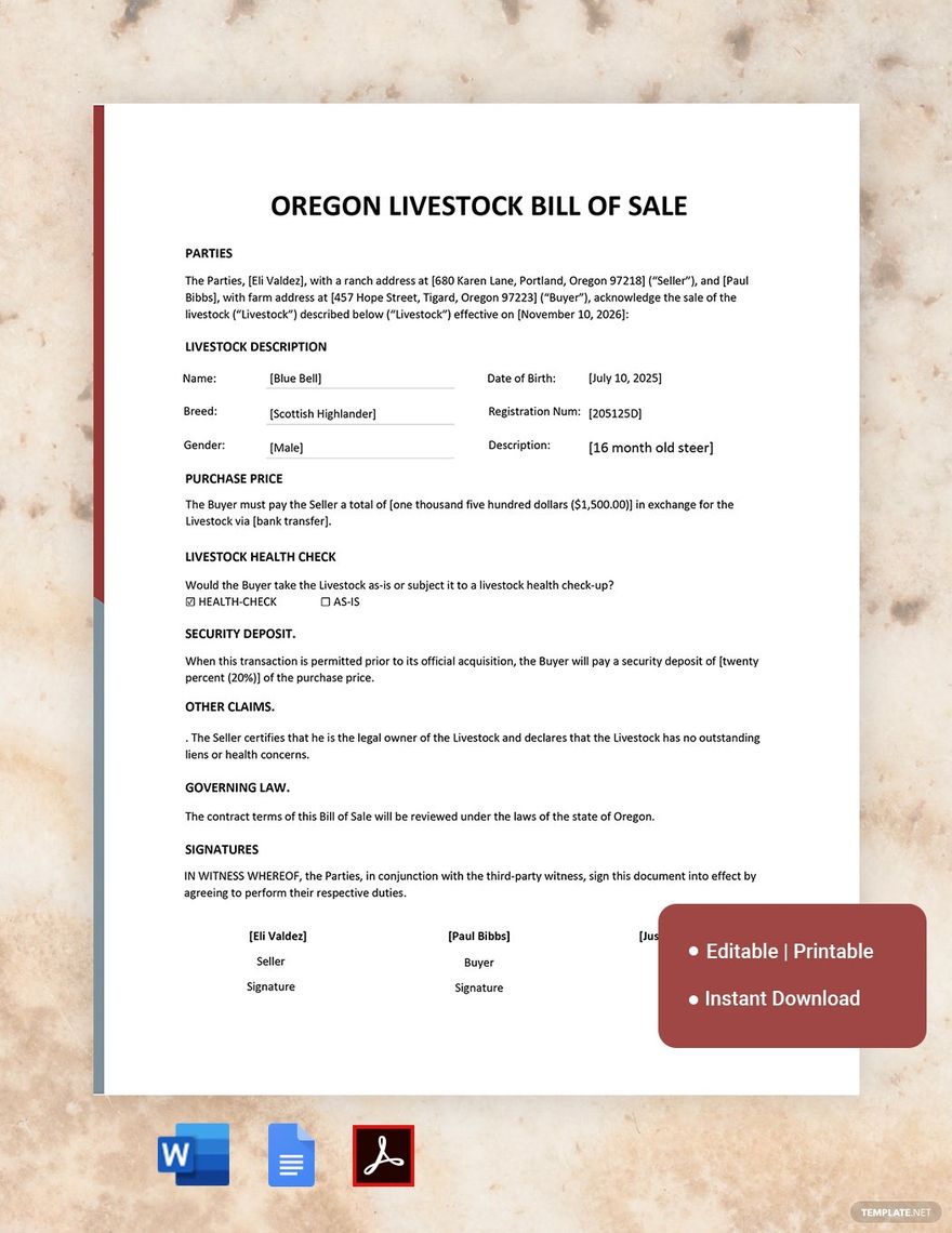 Oregon Livestock Bill of Sale Template