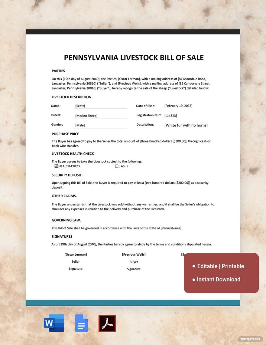 Pennsylvania Livestock Bill of Sale Template in Word, Google Docs, PDF, Apple Pages