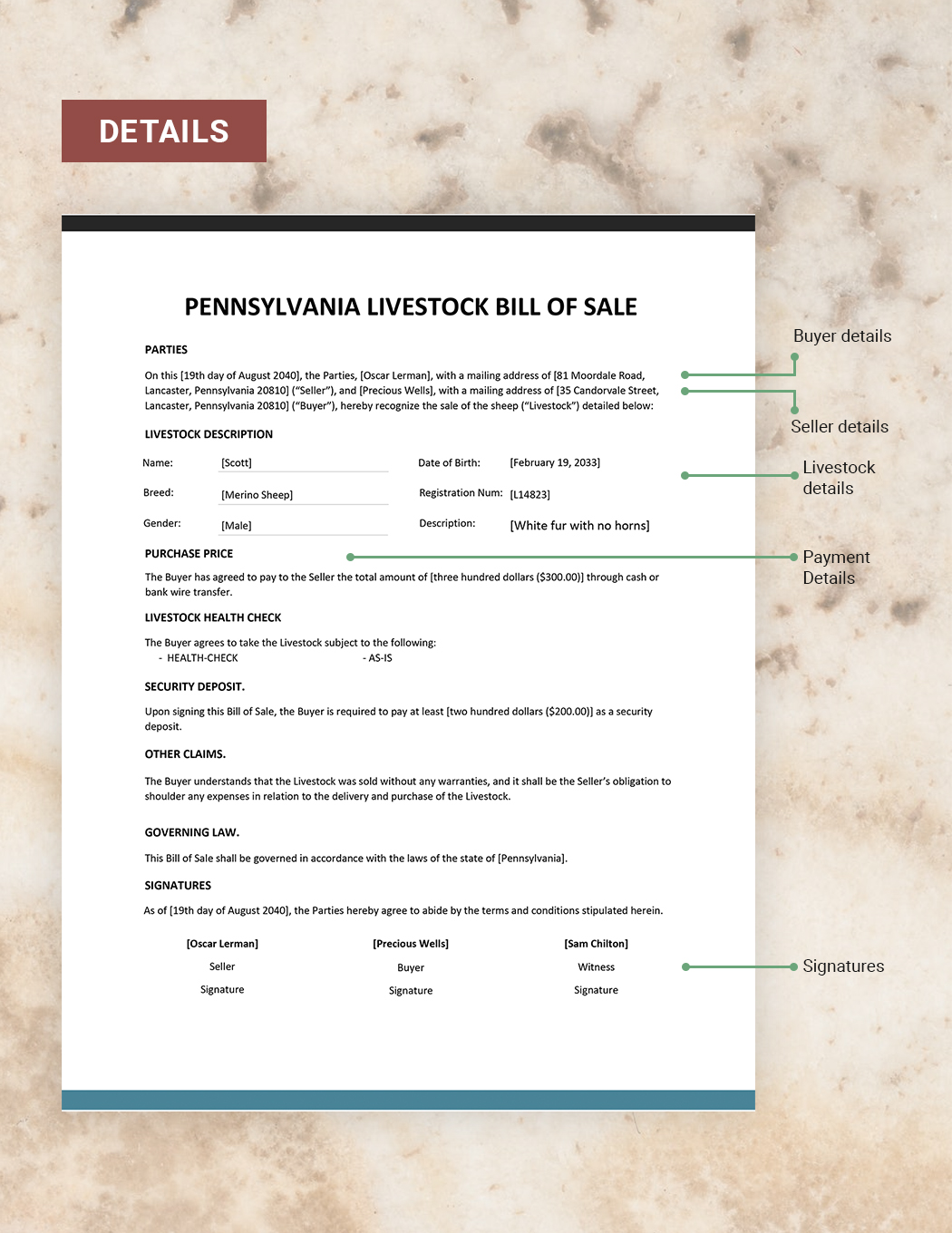 Pennsylvania Livestock Bill of Sale Template